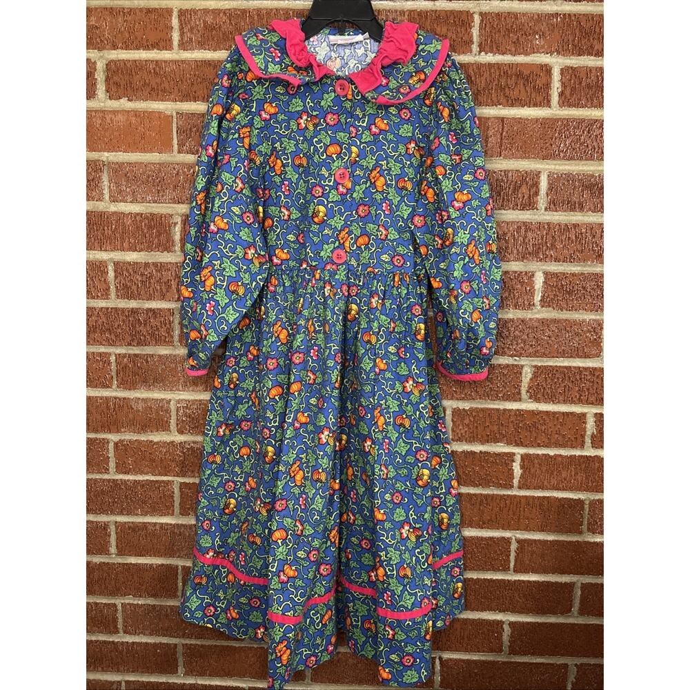 Vintage Wee Clancy Girls Dress Wendy Pumpkin Flowers Blue 8
